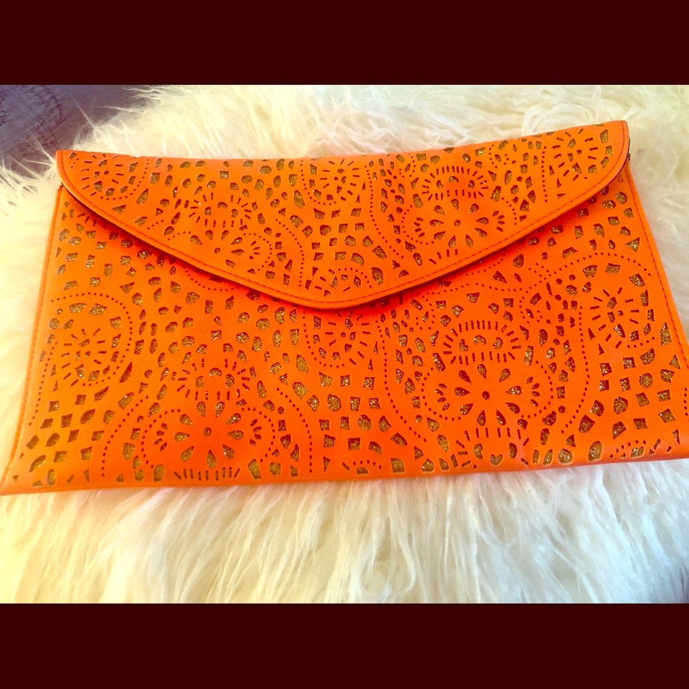 Olivia Miller orange & gold glitter envelope bag